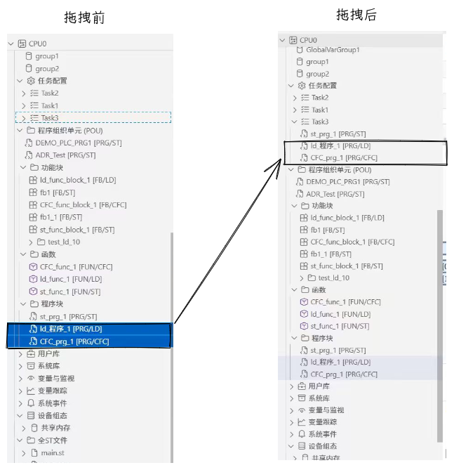 将多个程序 POU 拖拽到目标任务前后的对比